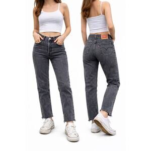 Levi’s 501 Original Fit Crop Jeans Womens Black Denim Raw Hem Button Fly - 26X26